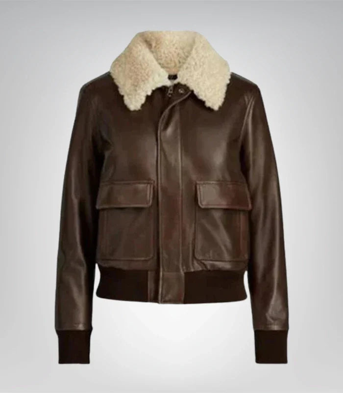 Premium women's leather bomber jacket with shearling lining