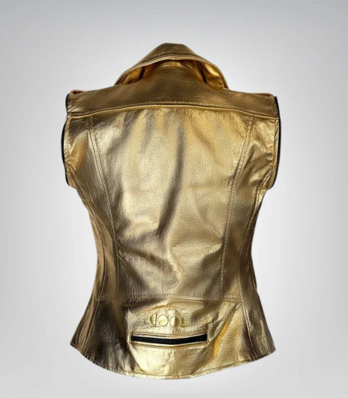 Elegant women’s leather moto jacket – black with golden accents