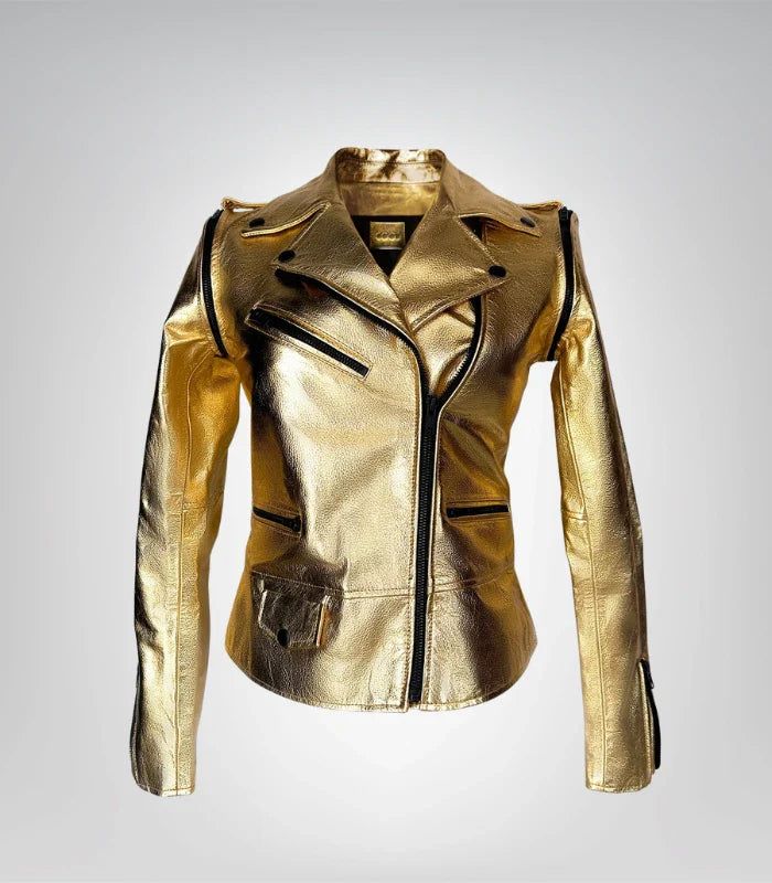 Premium motorcycle jacket for women – golden zipper leather design