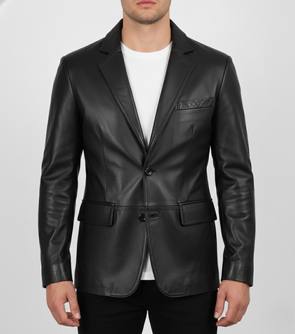 Men's Black Leather Blazer Real Lambskin Formal Coat - Front View