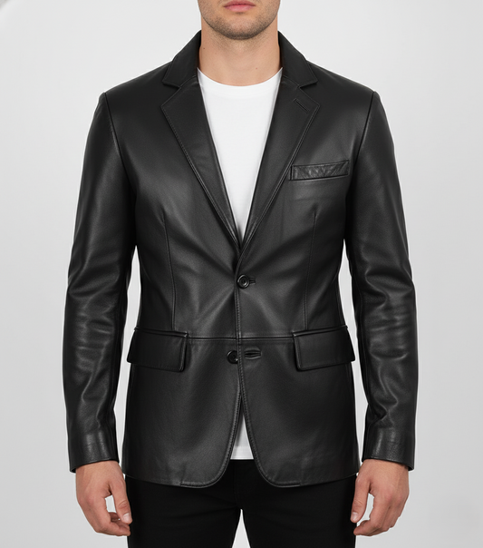Men's Black Leather Blazer Real Lambskin Formal Coat - Front View