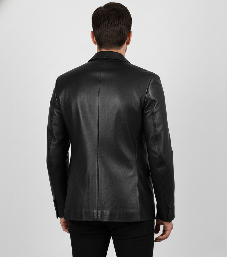 Men's Black Leather Blazer Real Lambskin Formal Coat - Back View