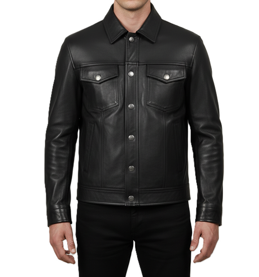 Men's Black Leather Trucker Jacket Shirt Collar - Front View