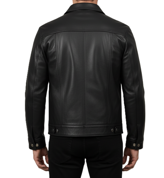 Men's Black Leather Trucker Jacket Shirt Collar - Back View
