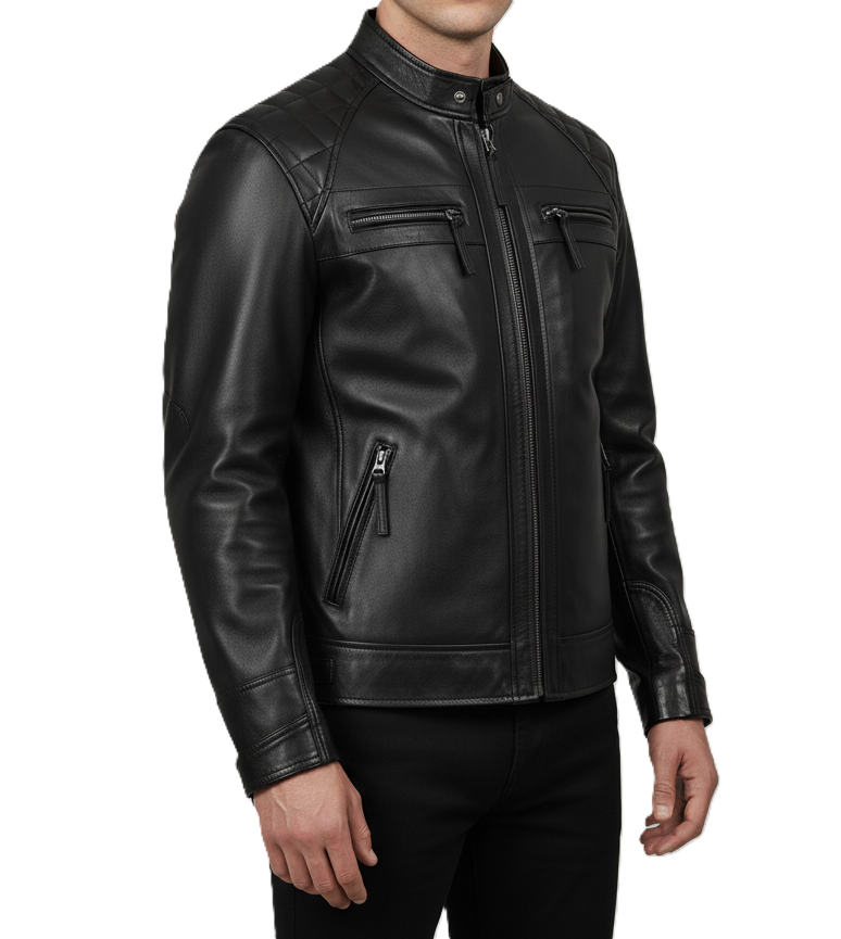 Men's Black Quilted Cafe Racer Leather Jacket