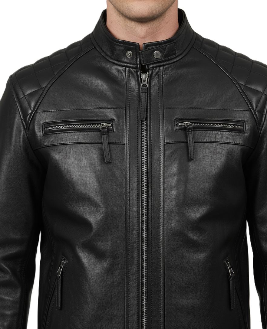 Men's Black Quilted Cafe Racer Leather Jacket