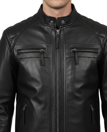 Men's Black Quilted Cafe Racer Leather Jacket