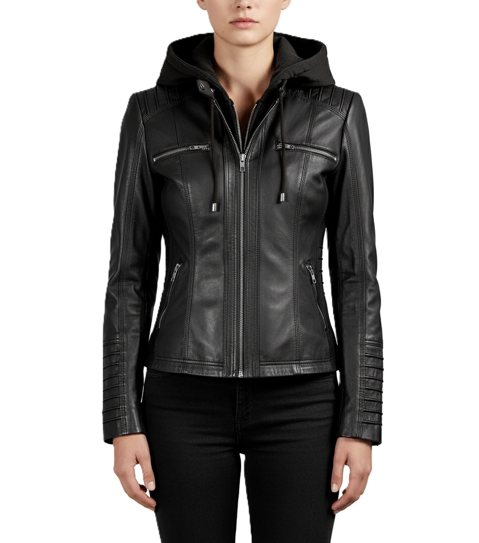 Women's Black Leather Jacket with Removable Hoodie - Front View