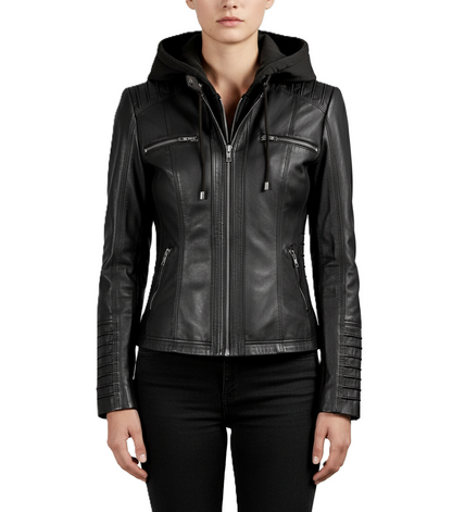 Women's Black Leather Jacket with Removable Hoodie - Front View