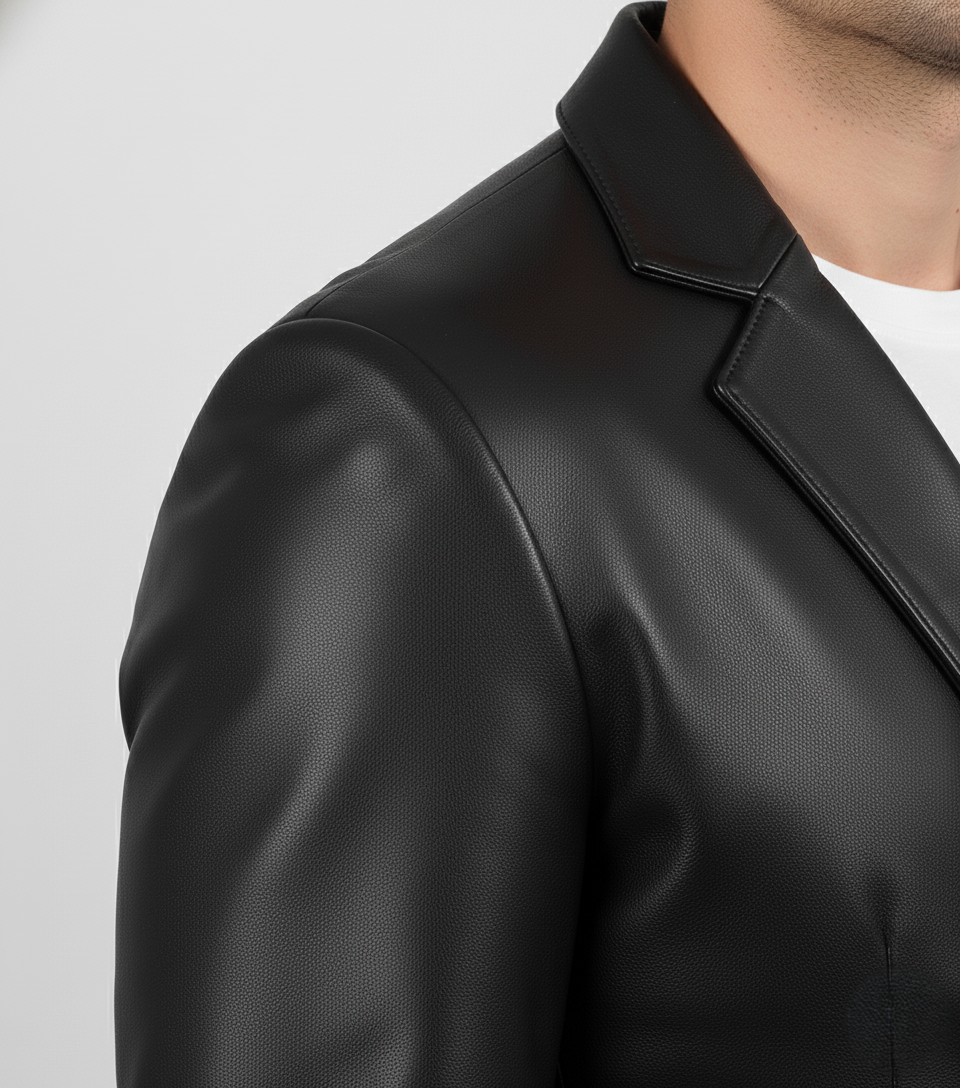 Men's Black Leather Blazer Real Lambskin Formal Coat - Collar Detail