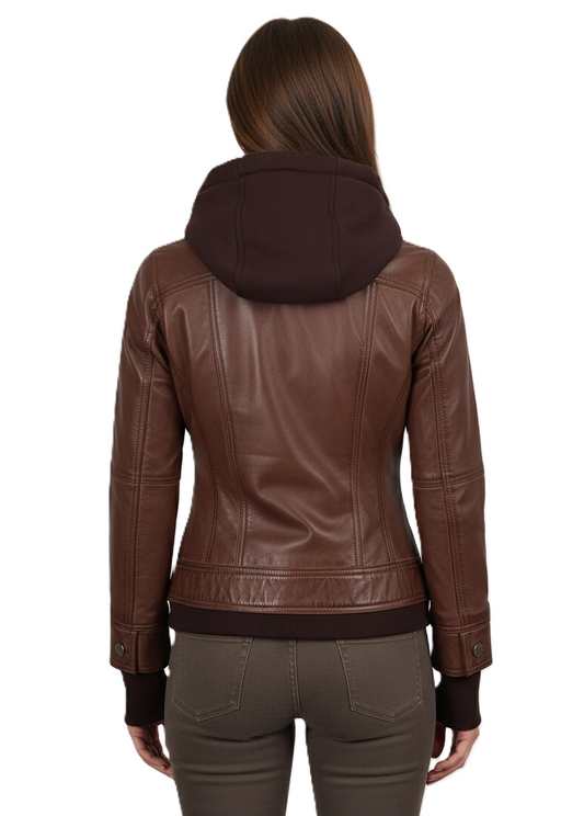 Womens Cognac Brown Waxed Leather Bomber Jacket - Back View