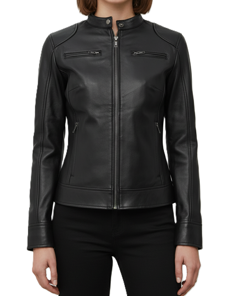 Black Leather Biker Jacket for Women Genuine Leather - Front View