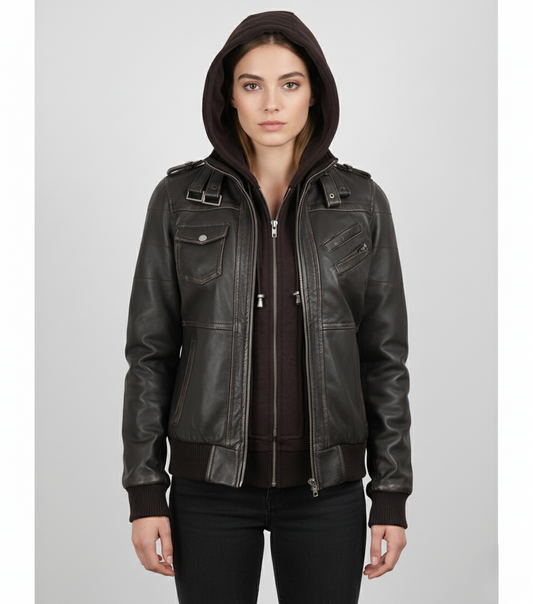 Womens Dark Brown Rub Off Leather Jacket - Front View