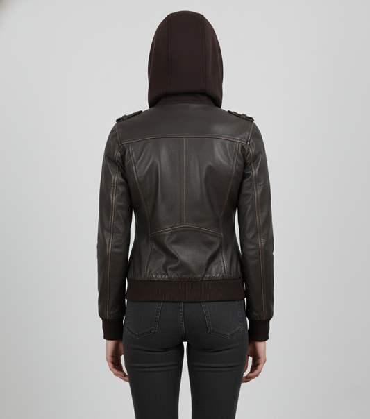 Womens Dark Brown Rub Off Leather Jacket - Back View