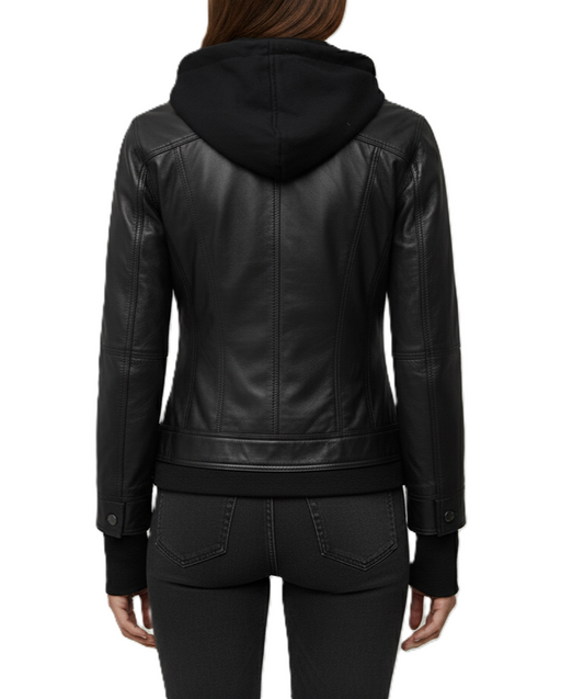 Womens Black Leather Jacket with Removable Hood - Back View