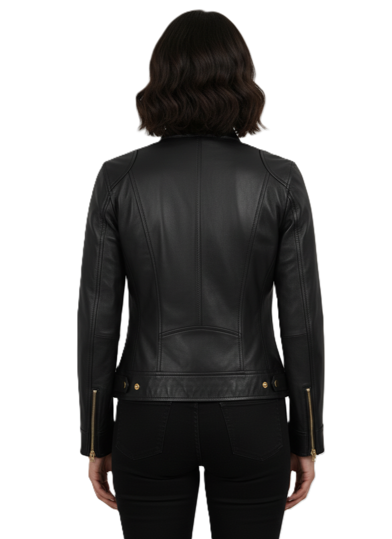 Womens Black Leather Biker Jacket - Back View