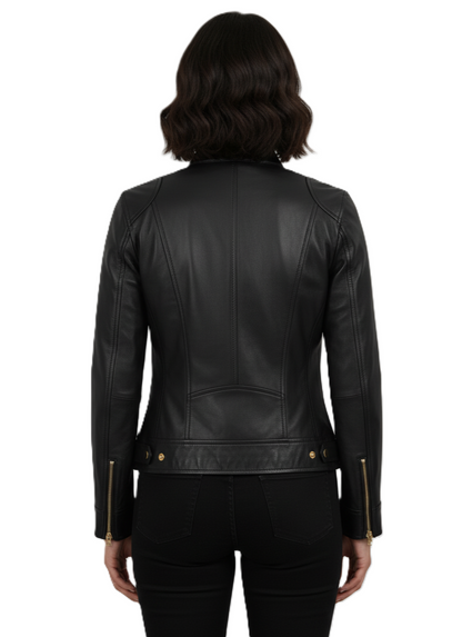 Womens Black Leather Biker Jacket - Back View