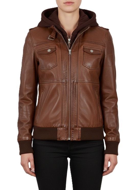 Womens Cognac Brown Leather Bomber Jacket - Front View