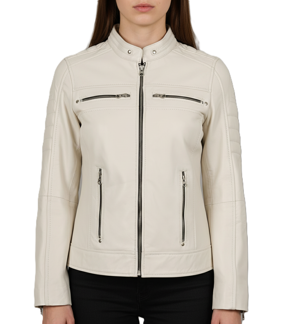 White Leather Biker Jacket for Womens - Front View