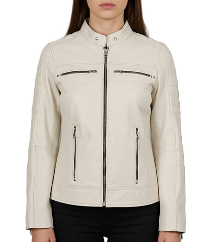 White Leather Biker Jacket for Womens - Front View