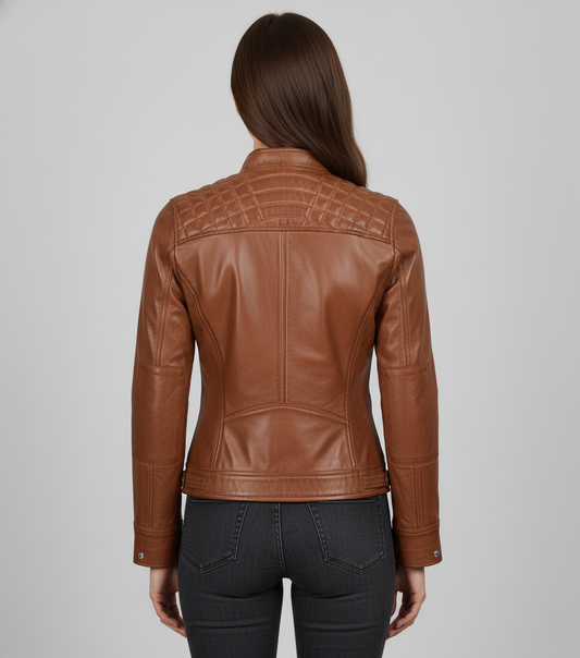 Womens Tan Quilted Cafe Racer Leather Jacket - Back View