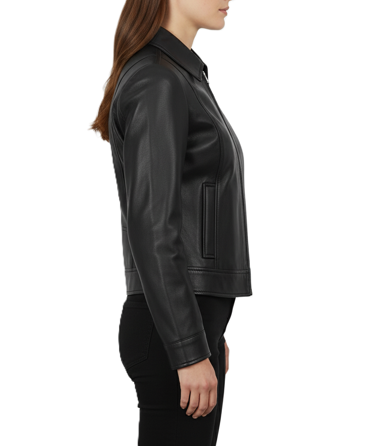 Womens Black Leather Harrington Jacket with Shirt Collar - Detail View