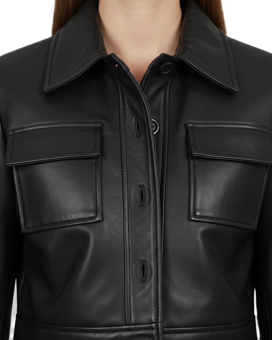 Womens Black Cropped Leather Jacket - Full Look