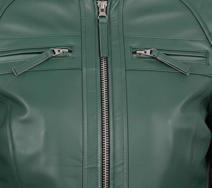 Womens Quilted Green Leather Cafe Racer Jacket - Full Look