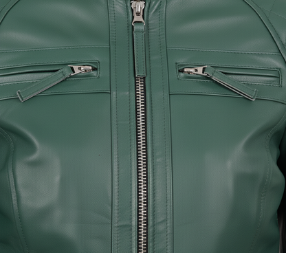 Womens Quilted Green Leather Cafe Racer Jacket - Full Look