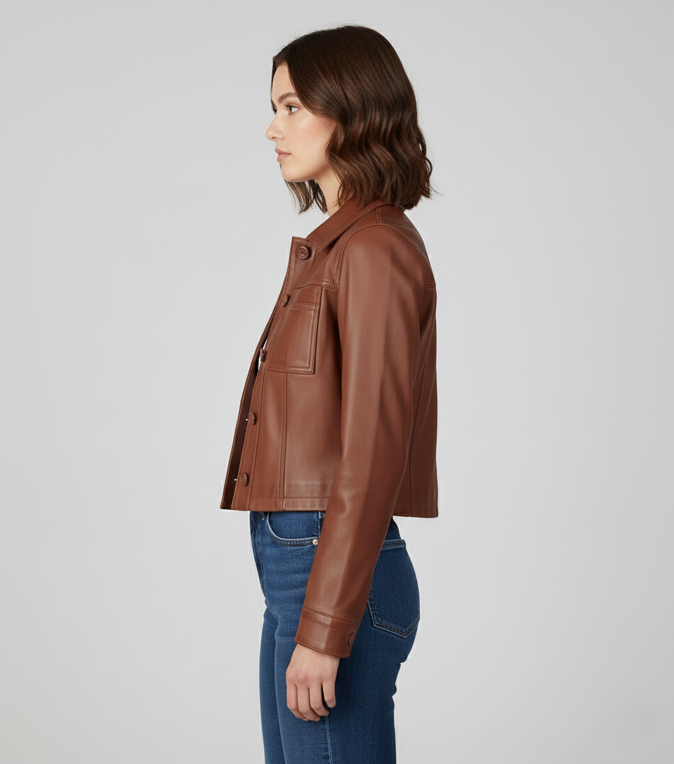 Brown Cropped Leather Jacket for Women - Full Look