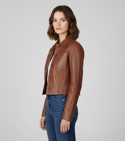 Brown Cropped Leather Jacket for Women - Detail View