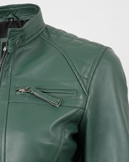Womens Quilted Green Leather Cafe Racer Jacket - Collar Detail