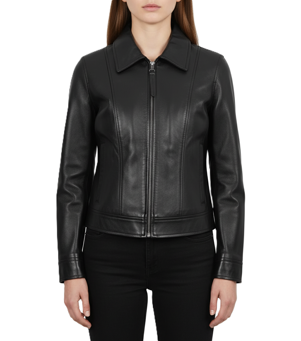 Womens Black Leather Jacket with Shirt Collar - Front View