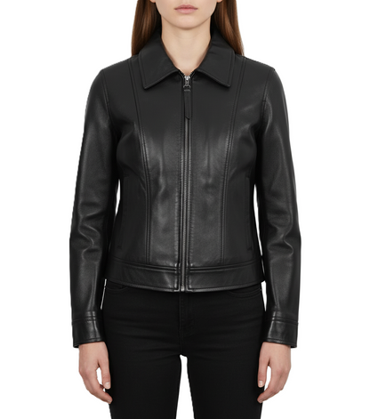 Womens Black Leather Jacket with Shirt Collar - Front View