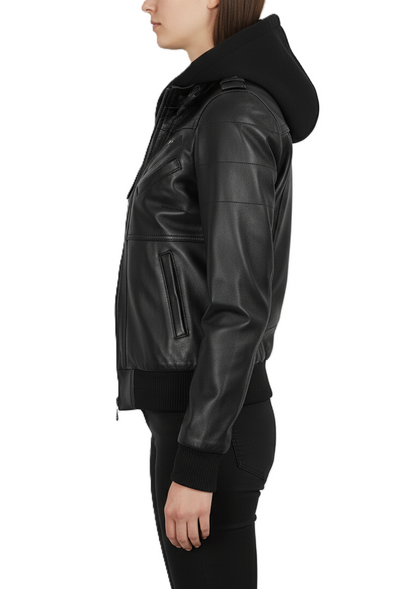 Womens Black Hooded Leather Jacket Removable Hood - Hood Detail