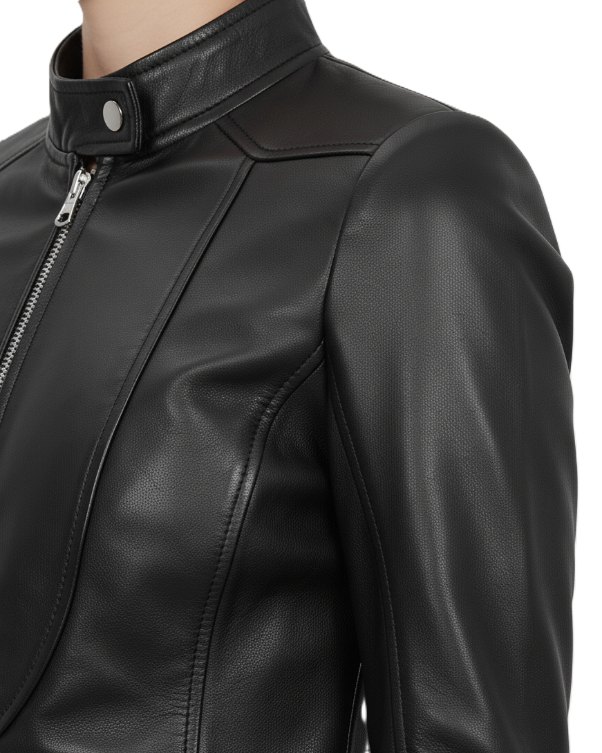 Womens Black Leather Motorbike Jacket - Full Look