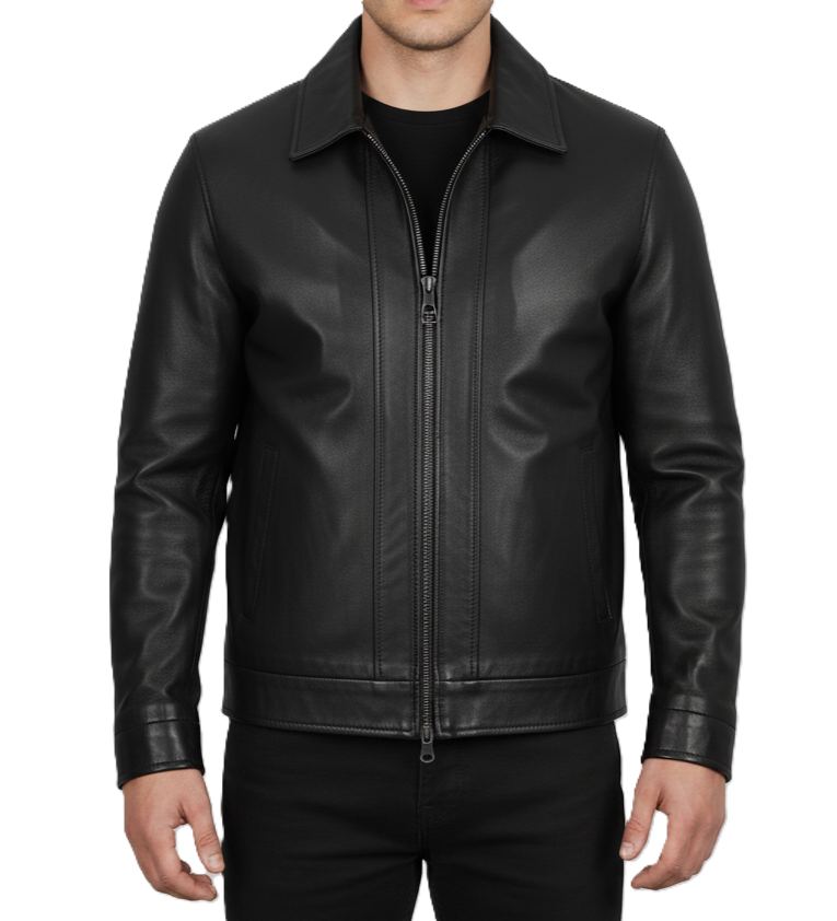 Mens Black Harrington Genuine Leather Jacket - Front View