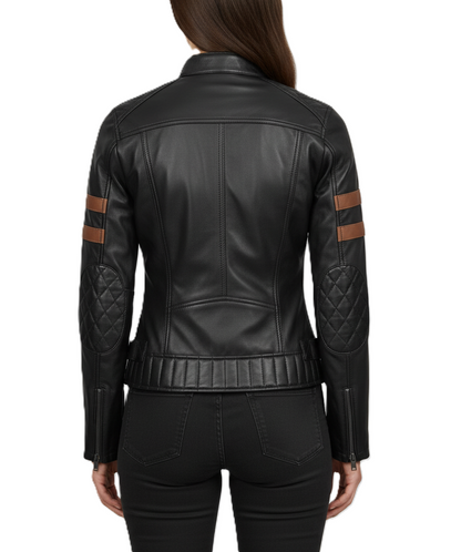 Womens Black Cafe Racer Leather Jacket with Cognac Stripe - Back View