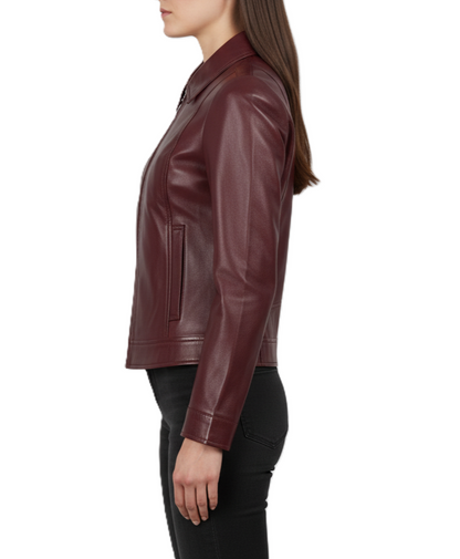 Womens Shirt Collar Maroon Leather Jacket - Detail View