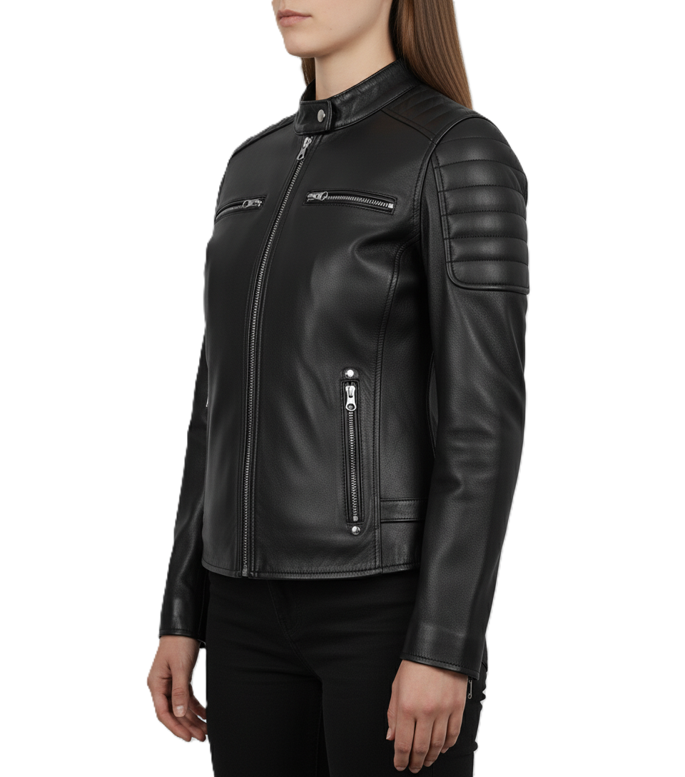 Womens Black Leather Cafe Racer Jacket with Shoulder Padding - Side View