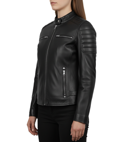 Womens Black Leather Cafe Racer Jacket with Shoulder Padding - Side View