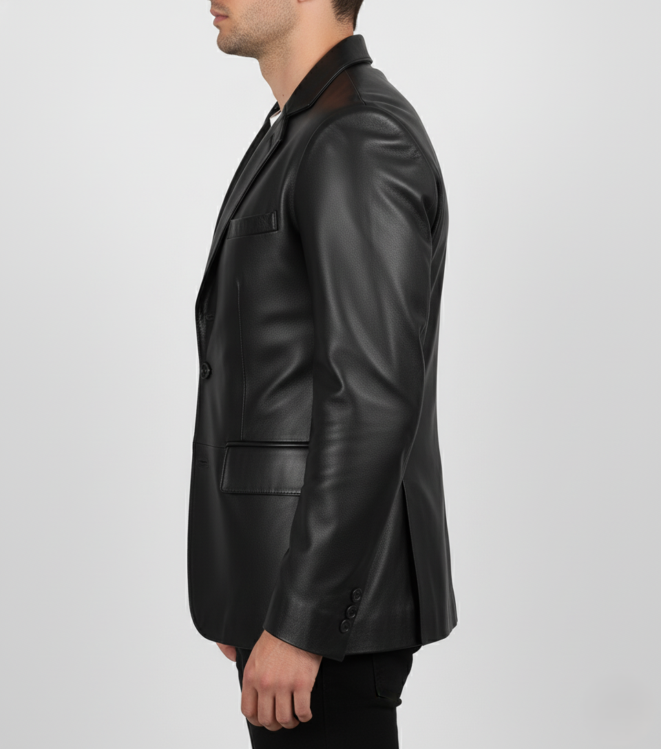 Men's Black Leather Blazer Real Lambskin Formal Coat - Detail View