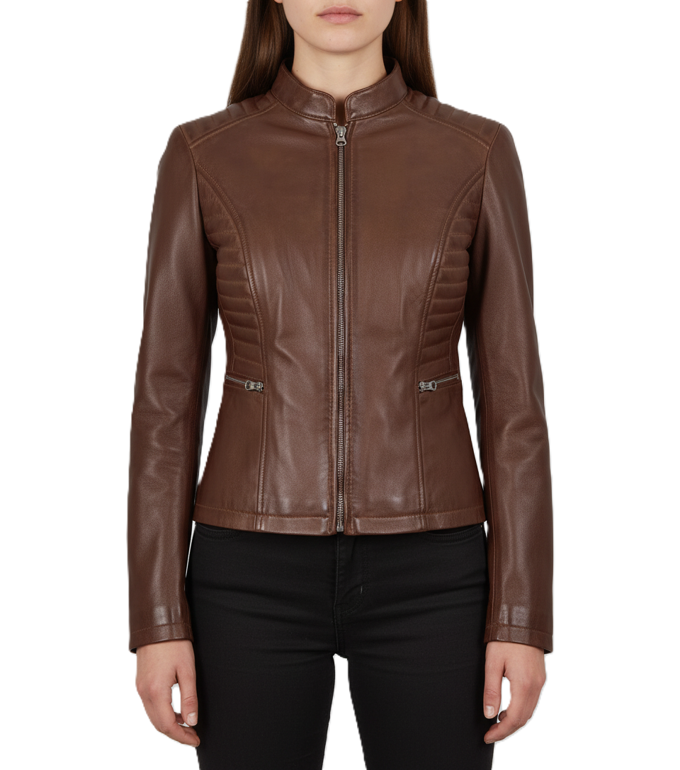 Womens Brown Leather Biker Jacket - Front View
