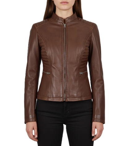 Womens Brown Leather Biker Jacket - Front View