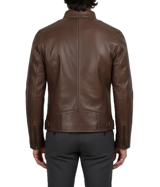 Mens Brown Slim Fit Leather Jacket - Back View