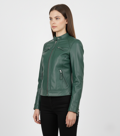 Womens Quilted Green Leather Cafe Racer Jacket - Side View
