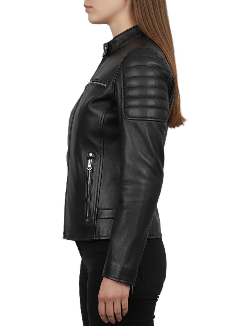 Womens Black Leather Cafe Racer Jacket with Shoulder Padding - Detail View