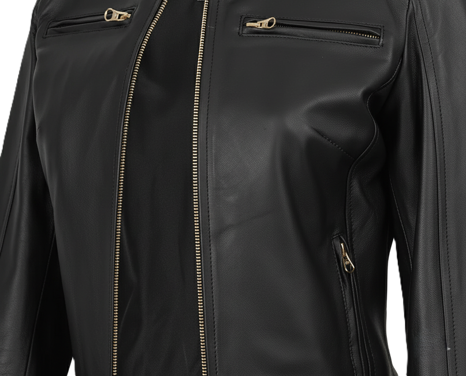 Womens Black Leather Biker Jacket - Collar Detail