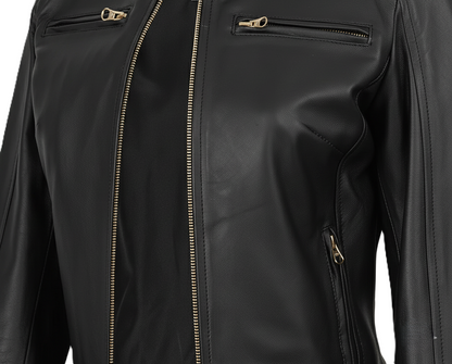 Womens Black Leather Biker Jacket - Collar Detail