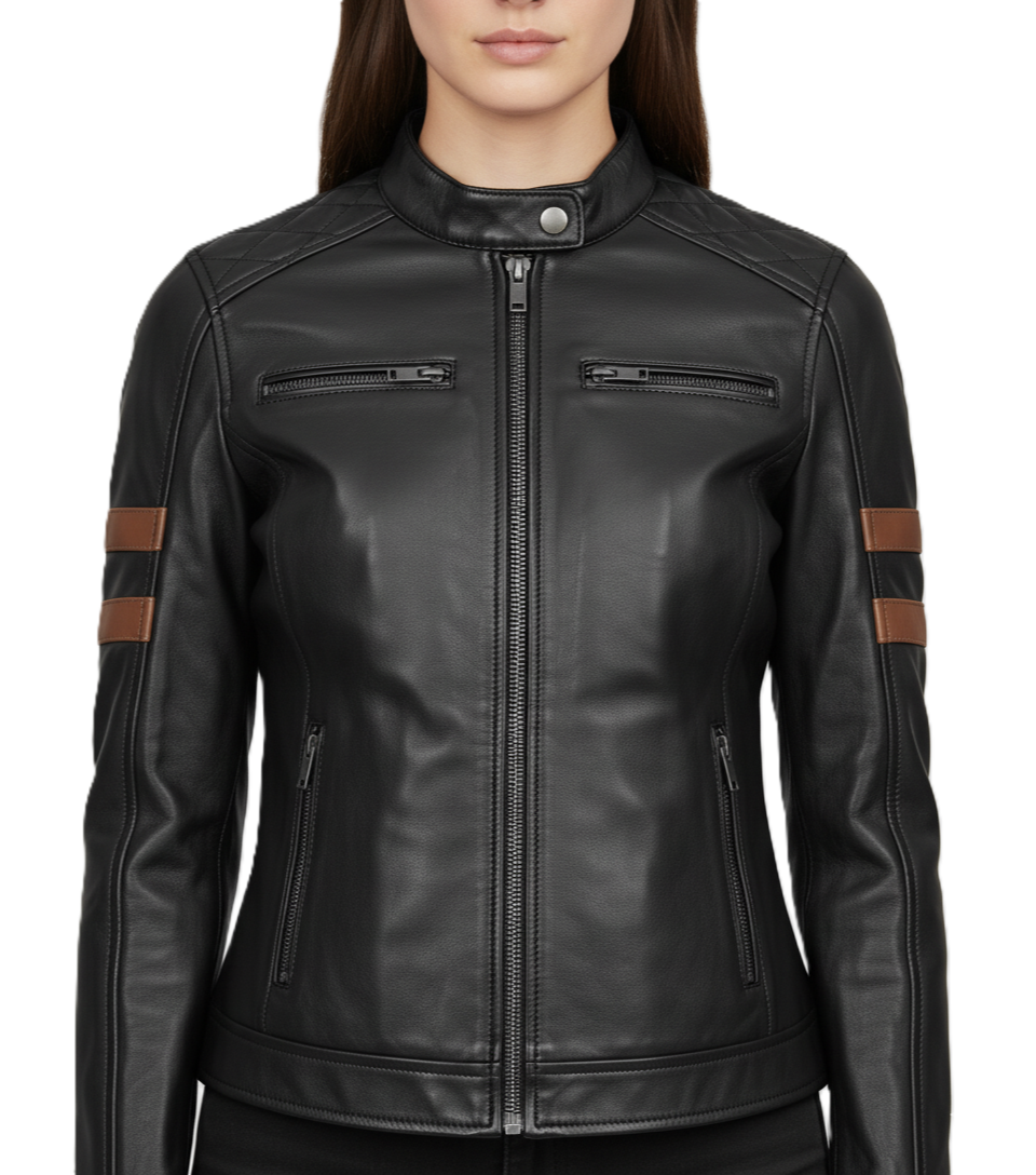 Womens Black Cafe Racer Leather Jacket with Cognac Stripe - Full Look
